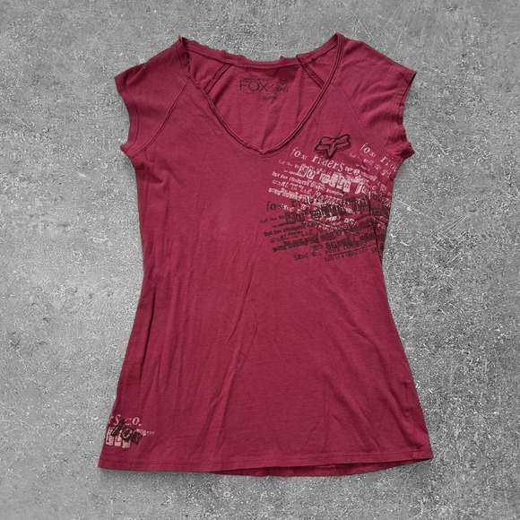 Fox Tops - Fox Racing Y2K V-Neck Cotton Graphic Top Burgundy Red Womens Medium Motocross